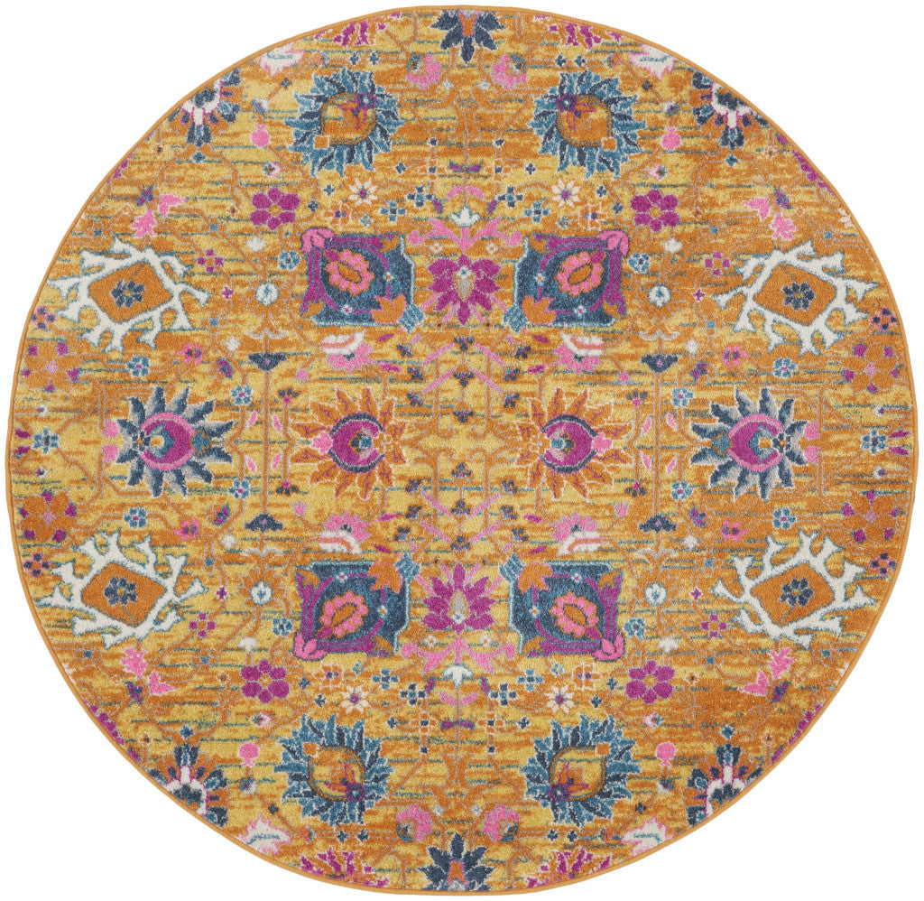 5 Gold Round Floral Power Loom Area Rug Image 1