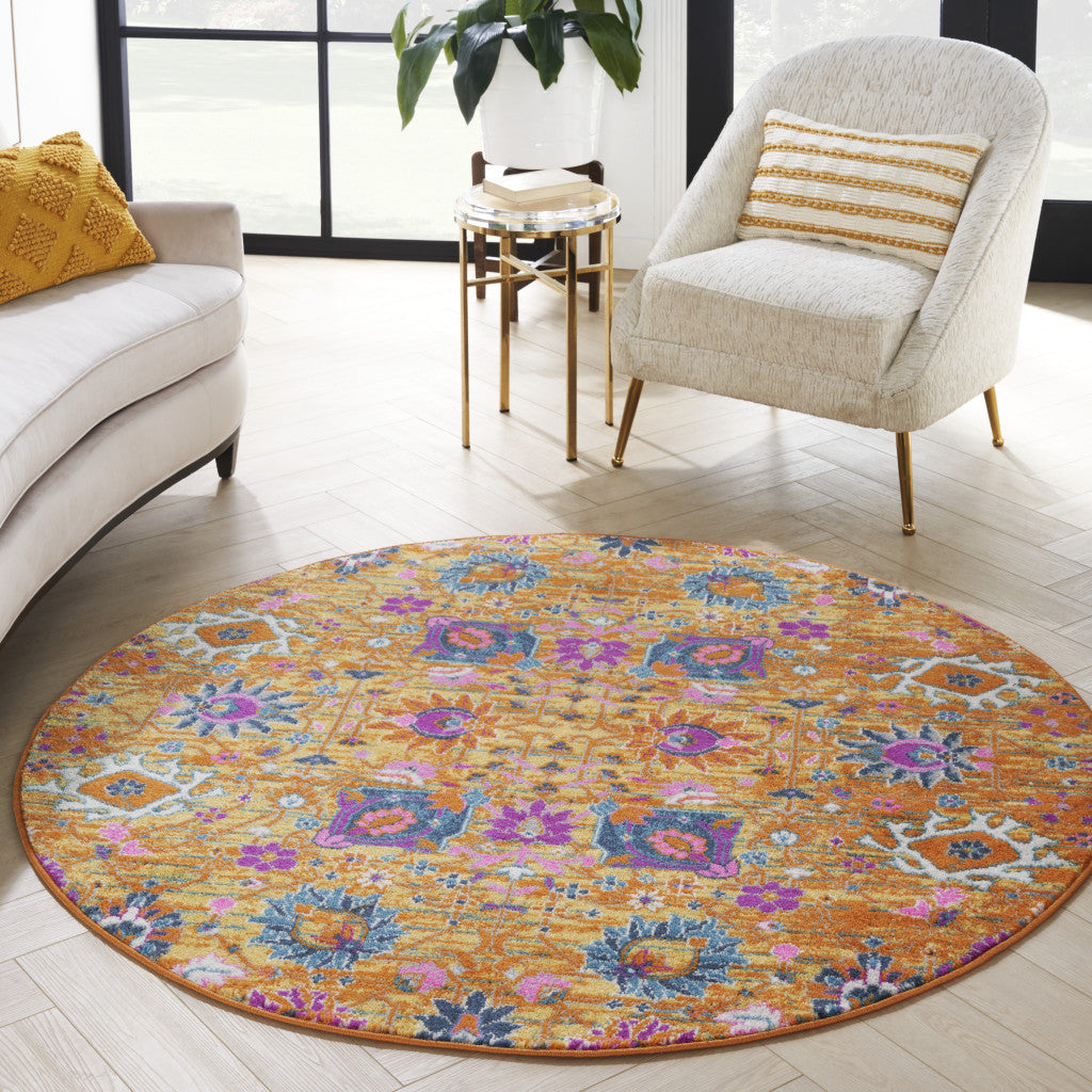 5 Gold Round Floral Power Loom Area Rug Image 7