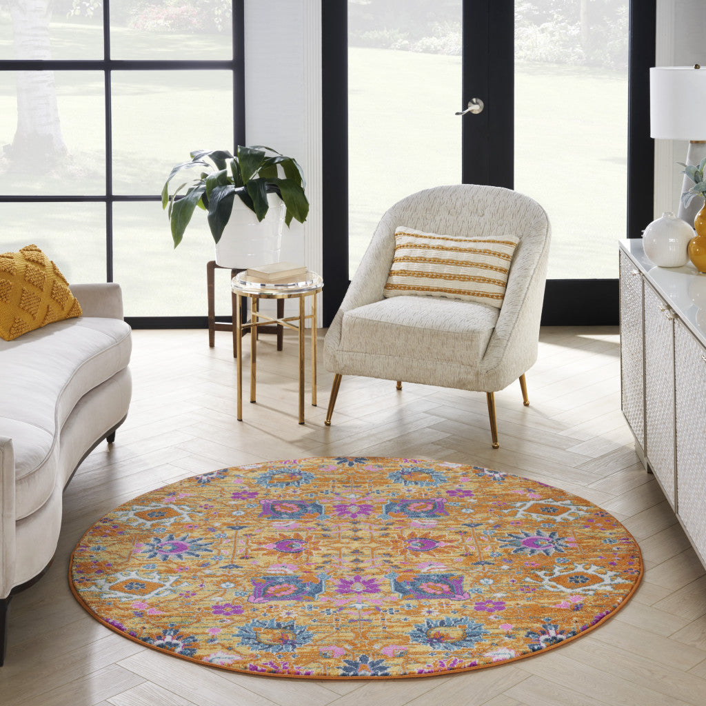 5 Gold Round Floral Power Loom Area Rug Image 8