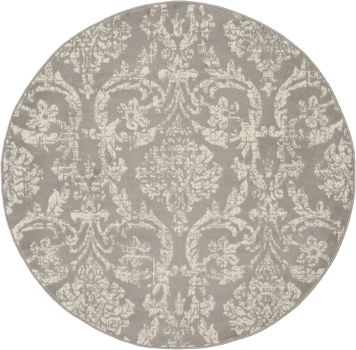 5 Gray Round Damask Power Loom Area Rug Image 1