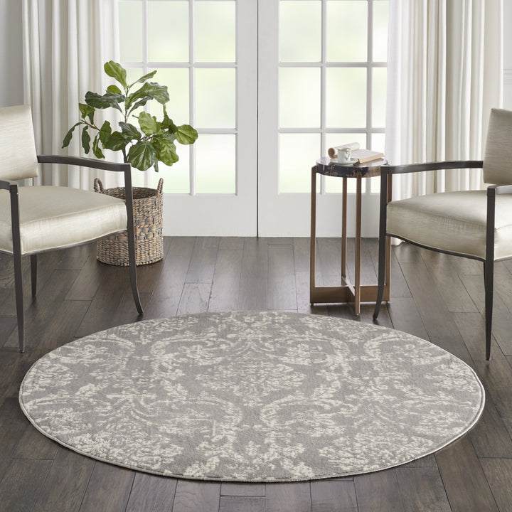 5 Gray Round Damask Power Loom Area Rug Image 4