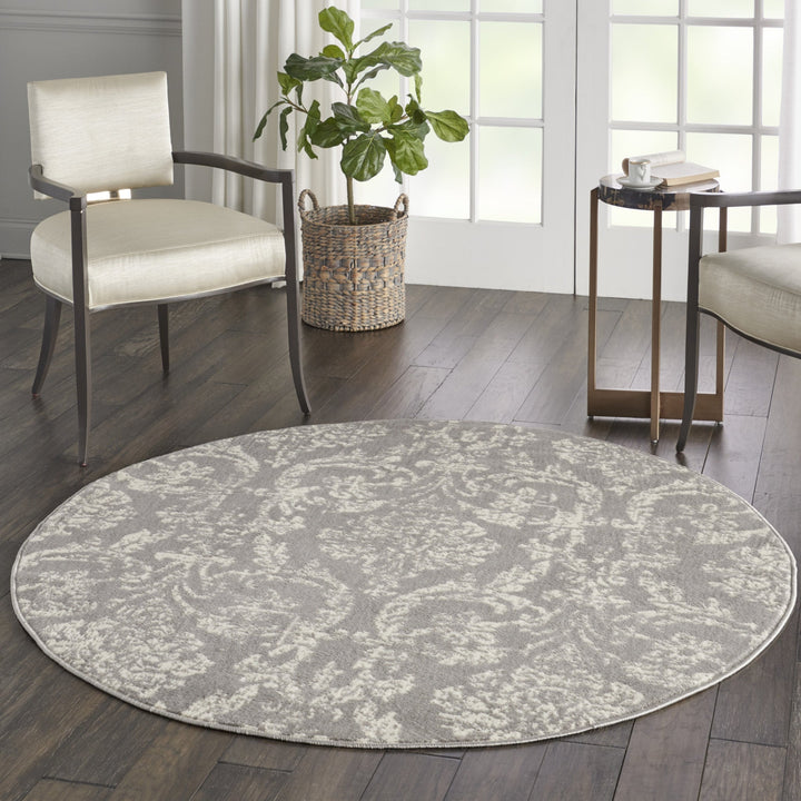 5 Gray Round Damask Power Loom Area Rug Image 5