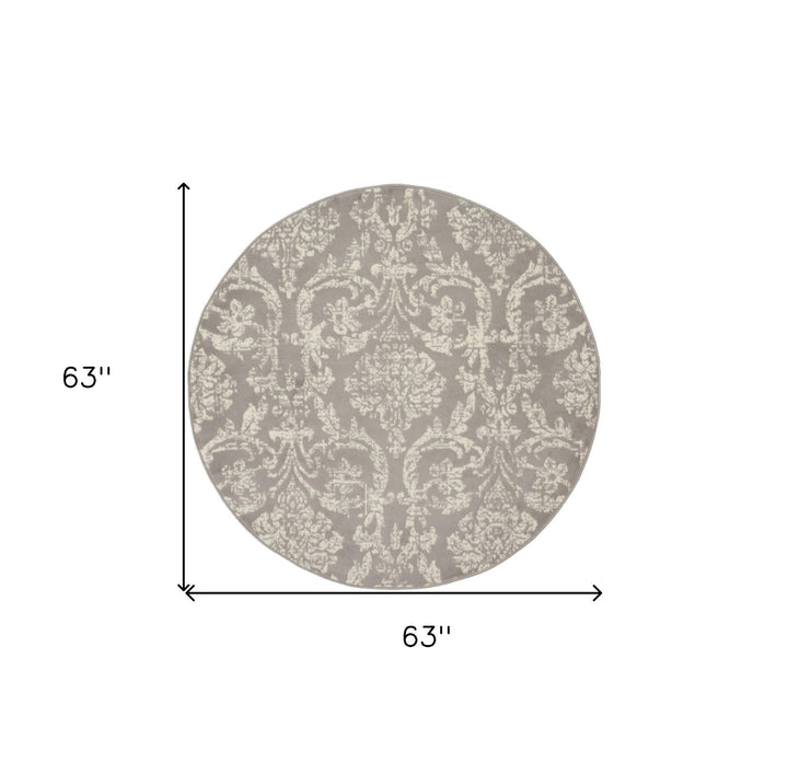 5 Gray Round Damask Power Loom Area Rug Image 6