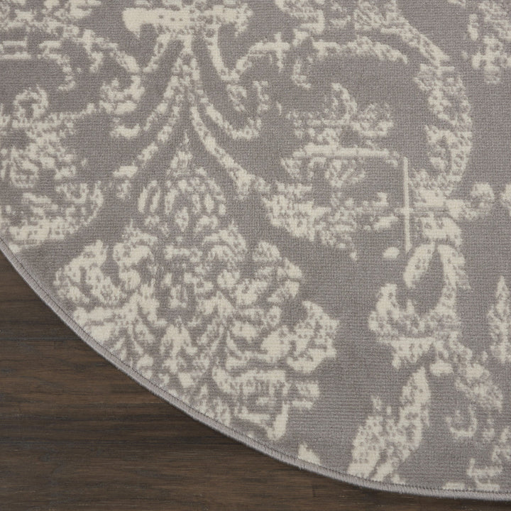 5 Gray Round Damask Power Loom Area Rug Image 7