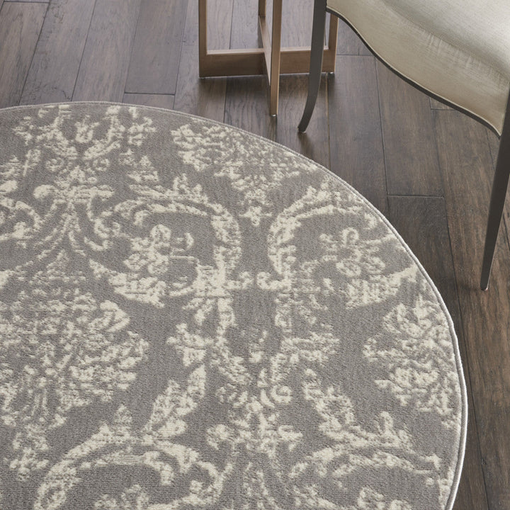 5 Gray Round Damask Power Loom Area Rug Image 10