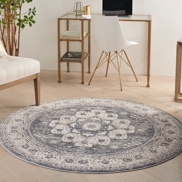 5 Grey And Ivory Round Oriental Power Loom Non Skid Area Rug Image 5