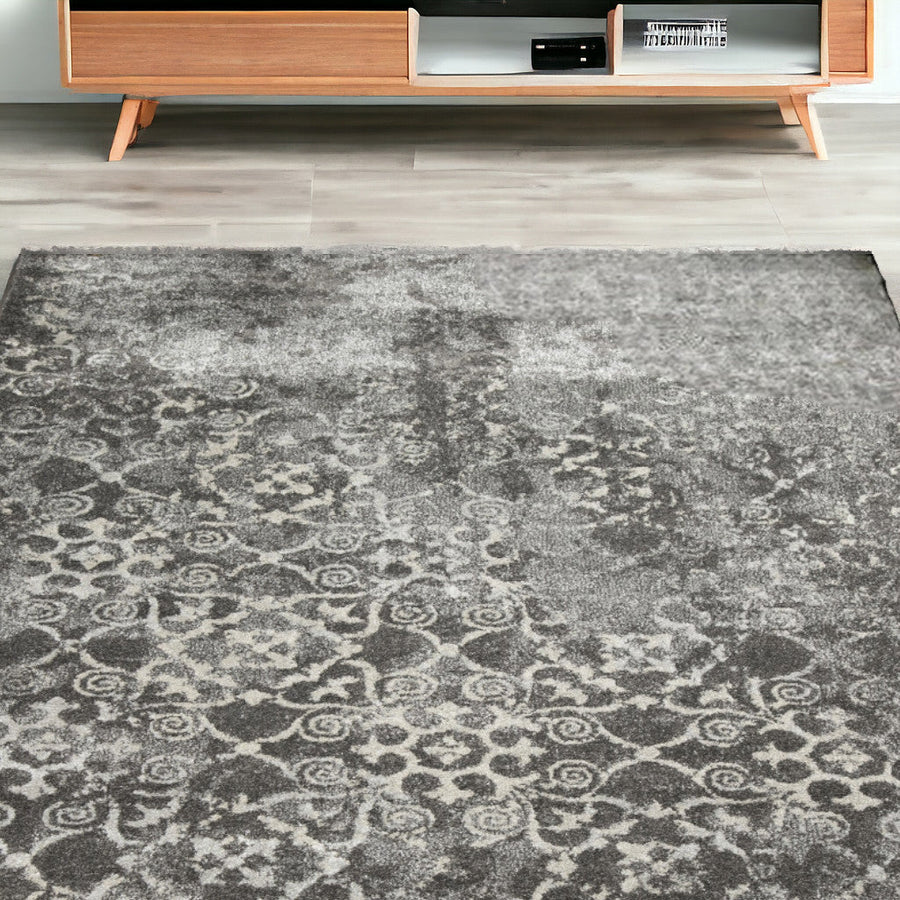 5 x 8 Gray and Ivory Oriental Distressed Area Rug Image 1