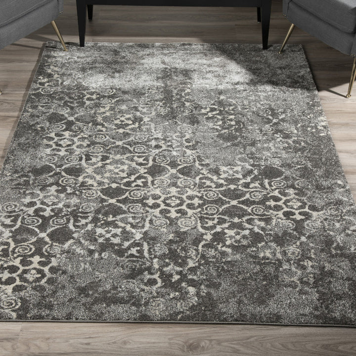 5 x 8 Gray and Ivory Oriental Distressed Area Rug Image 4