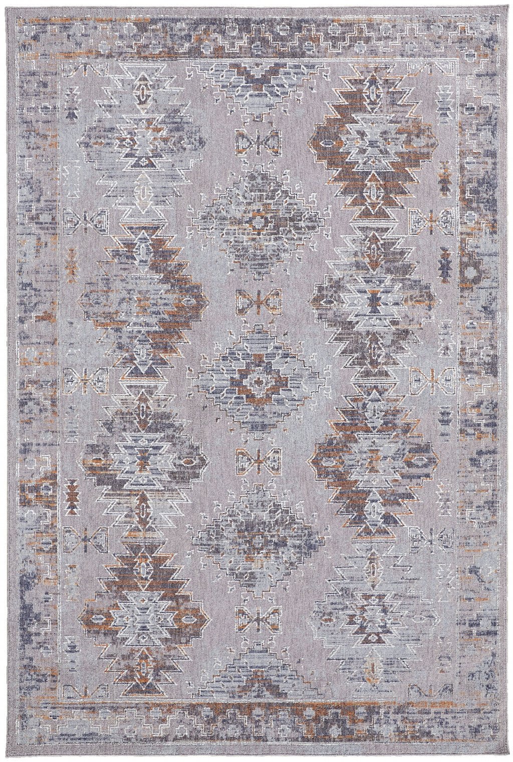 5 X 8 Gray Orange And Blue Geometric Power Loom Distressed Stain Resistant Area Rug Image 1