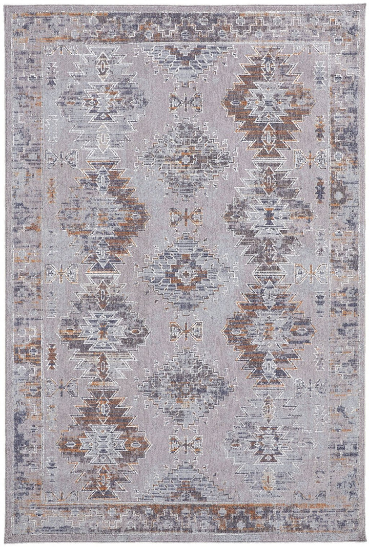 5 X 8 Gray Orange And Blue Geometric Power Loom Distressed Stain Resistant Area Rug Image 1