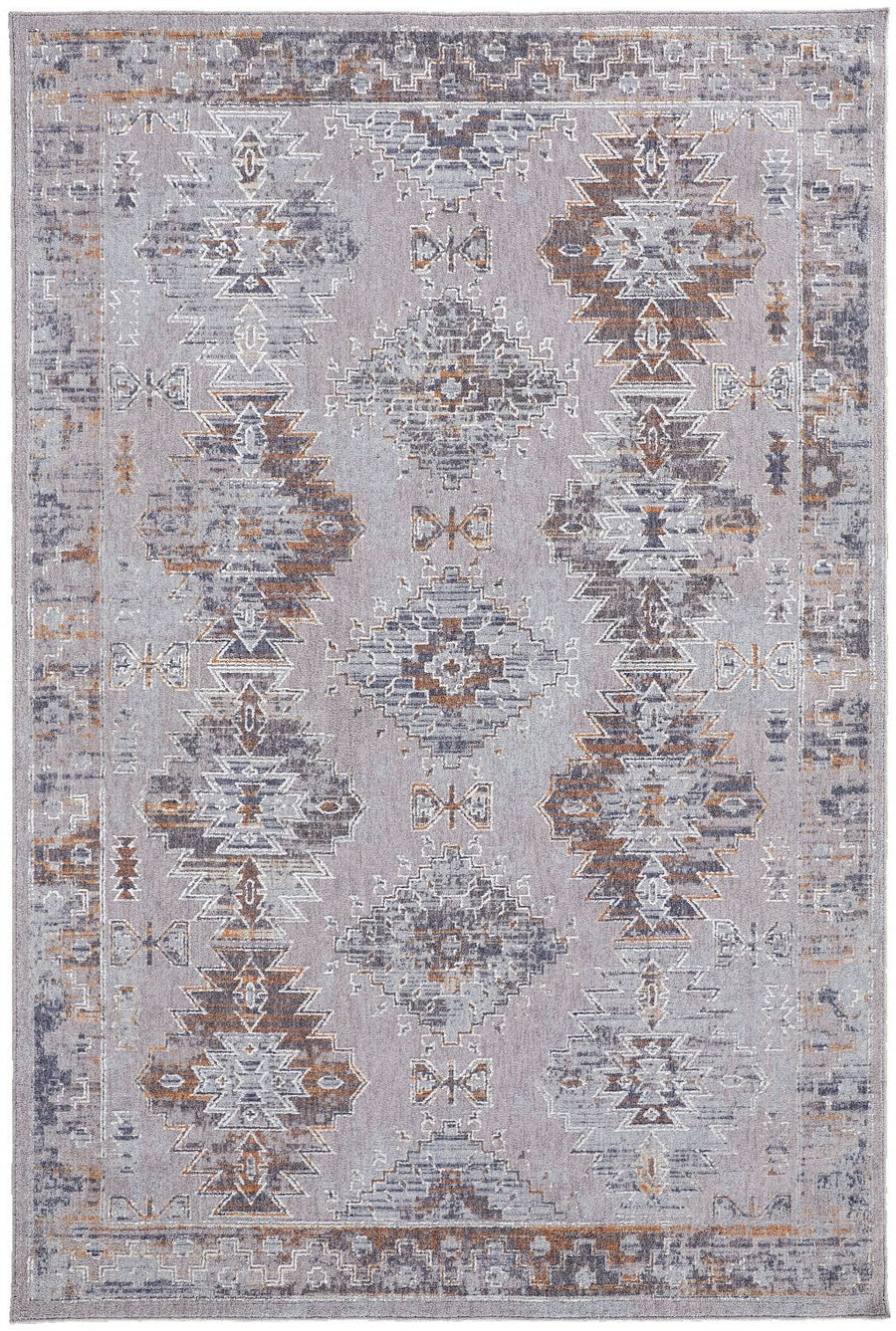 5 X 8 Gray Orange And Blue Geometric Power Loom Distressed Stain Resistant Area Rug Image 1