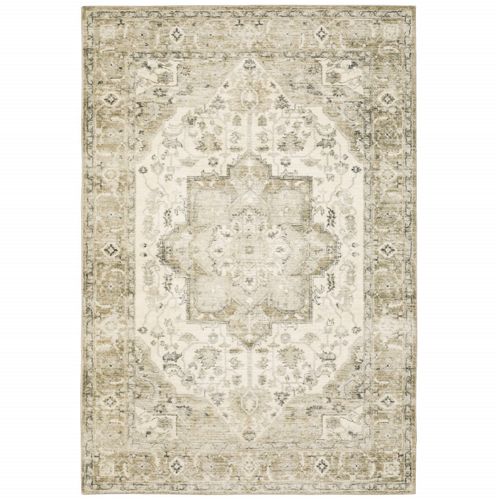 5 X 7 Tan Ivory Grey And Beige Oriental Power Loom Stain Resistant Area Rug Image 1