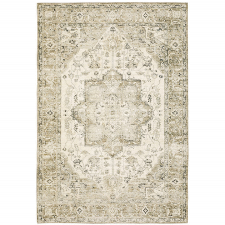 5 X 7 Tan Ivory Grey And Beige Oriental Power Loom Stain Resistant Area Rug Image 1