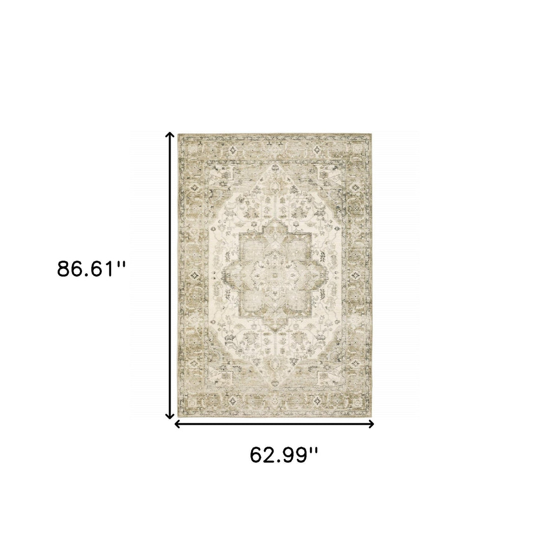 5 X 7 Tan Ivory Grey And Beige Oriental Power Loom Stain Resistant Area Rug Image 10