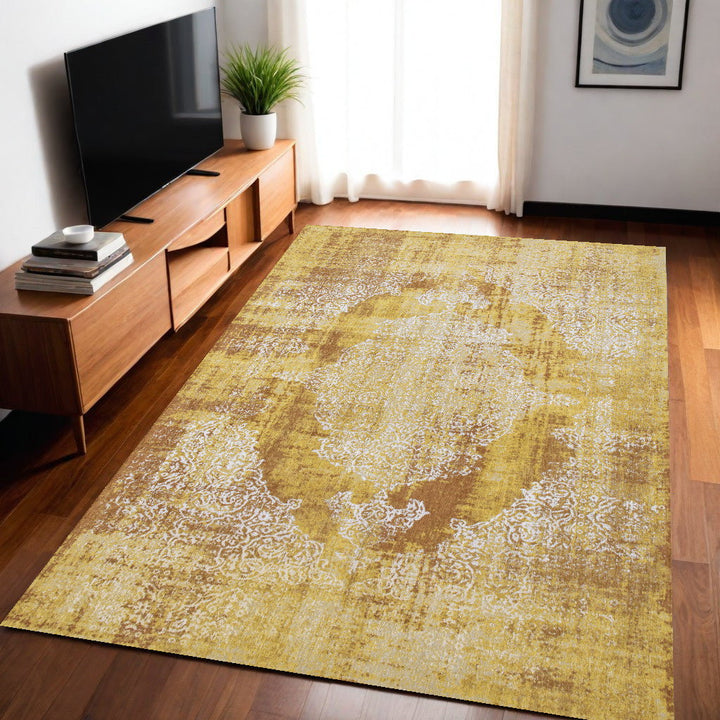 5 x 7 Yellow and Brown Oriental Non Skid Area Rug Image 1