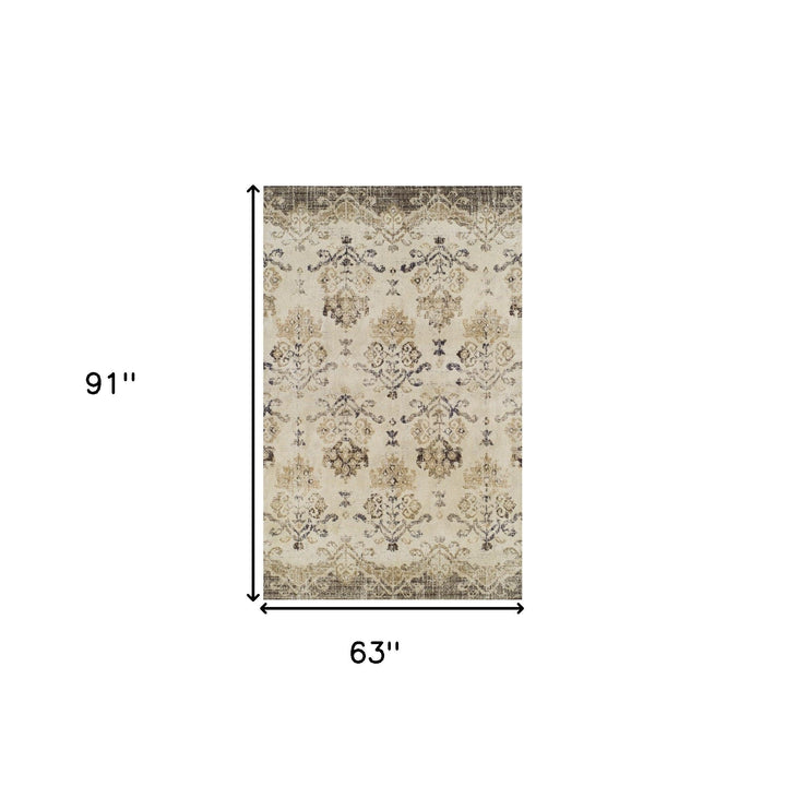 5 x 8 Beige and Brown Oriental Area Rug Image 3