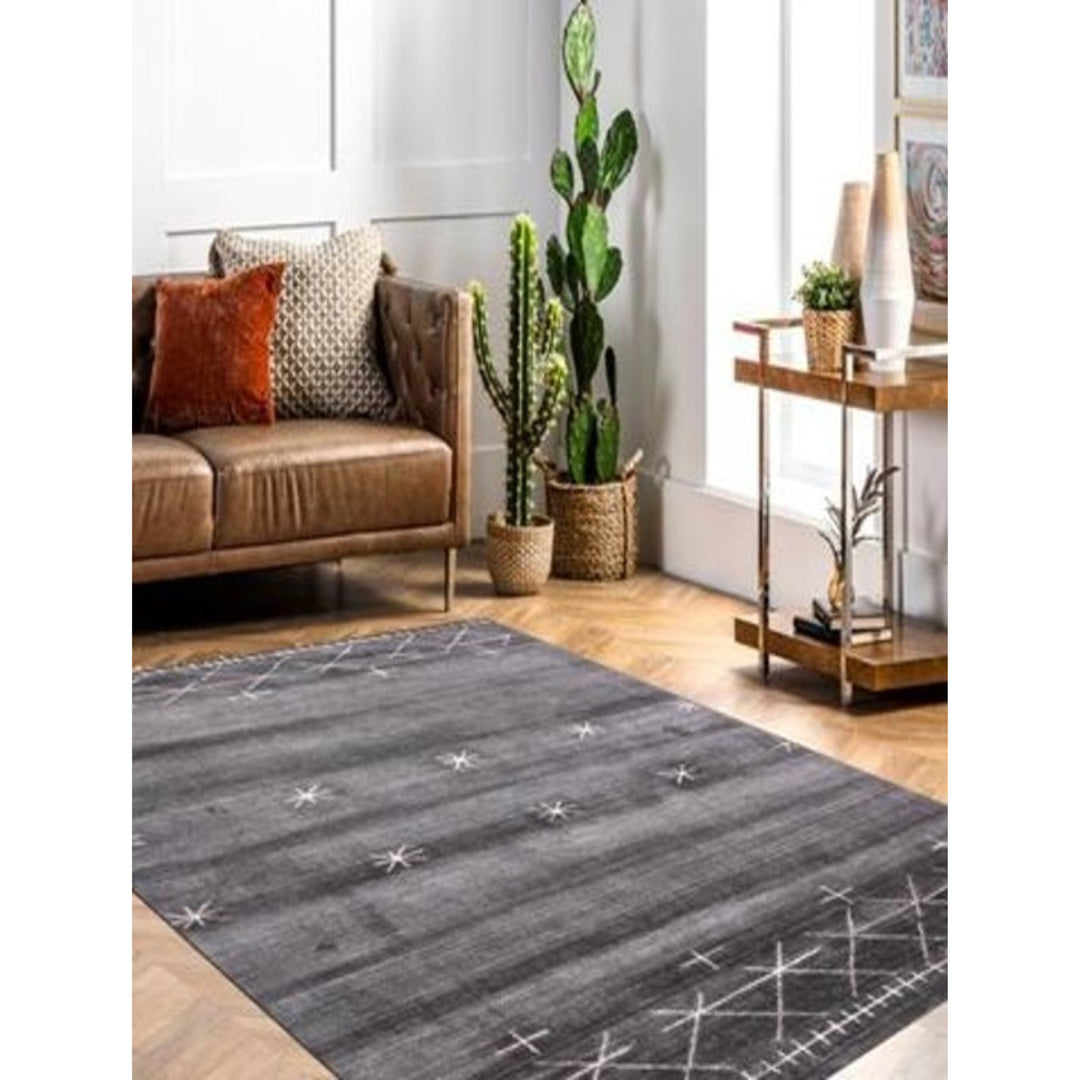 5 x 8 Black Gray and White Abstract Ombre with Stars Hand Loomed Area Rug Image 4