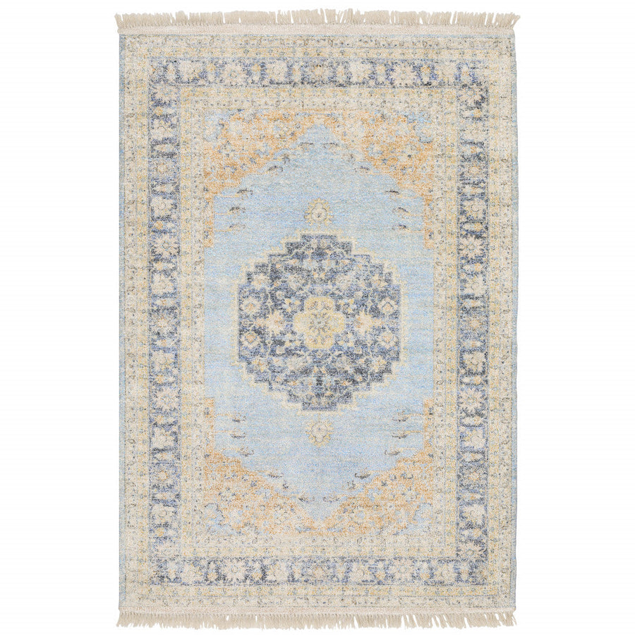 5 X 8 Blue And Beige Oriental Hand Loomed Stain Resistant Area Rug With Fringe Image 1