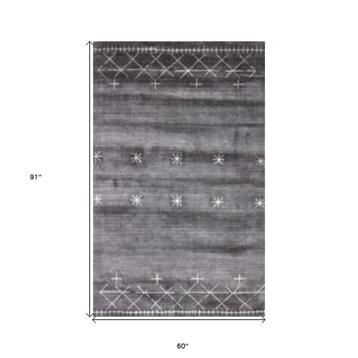 5 x 8 Black Gray and White Abstract Ombre with Stars Hand Loomed Area Rug Image 5