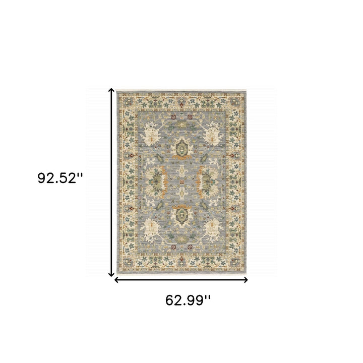 5 X 8 Blue And Ivory Oriental Power Loom Stain Resistant Area Rug With Fringe Image 3