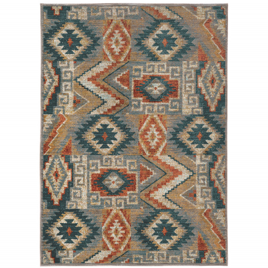 5 X 8 Blue Teal Grey Orange Gold Ivory And Rust Geometric Power Loom Stain Resistant Area Rug Image 1