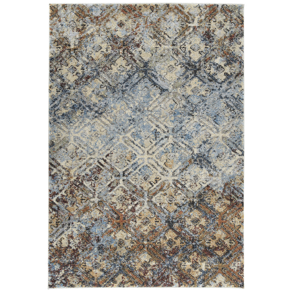 5 X 8 Brown Light Blue And Gray Distressed Diamond Area Rug Image 2