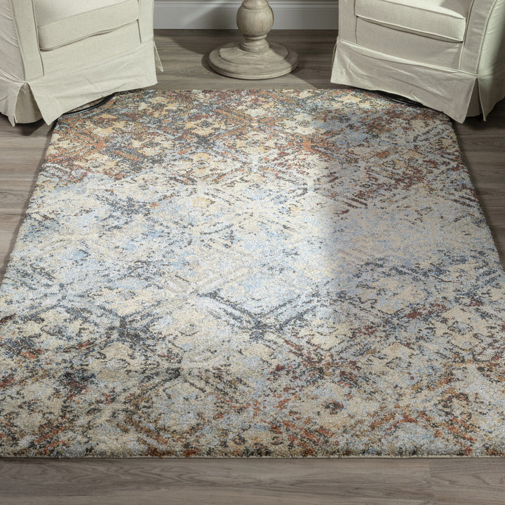 5 X 8 Brown Light Blue And Gray Distressed Diamond Area Rug Image 10