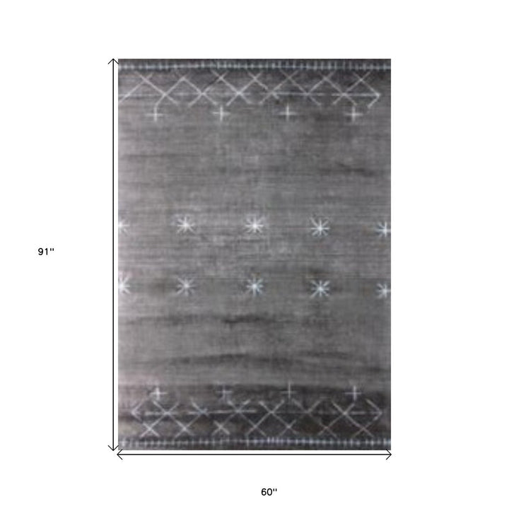 5 X 8 Charcoal And Silver Abstract Ombre with Stars Hand Loomed Area Rug Image 5