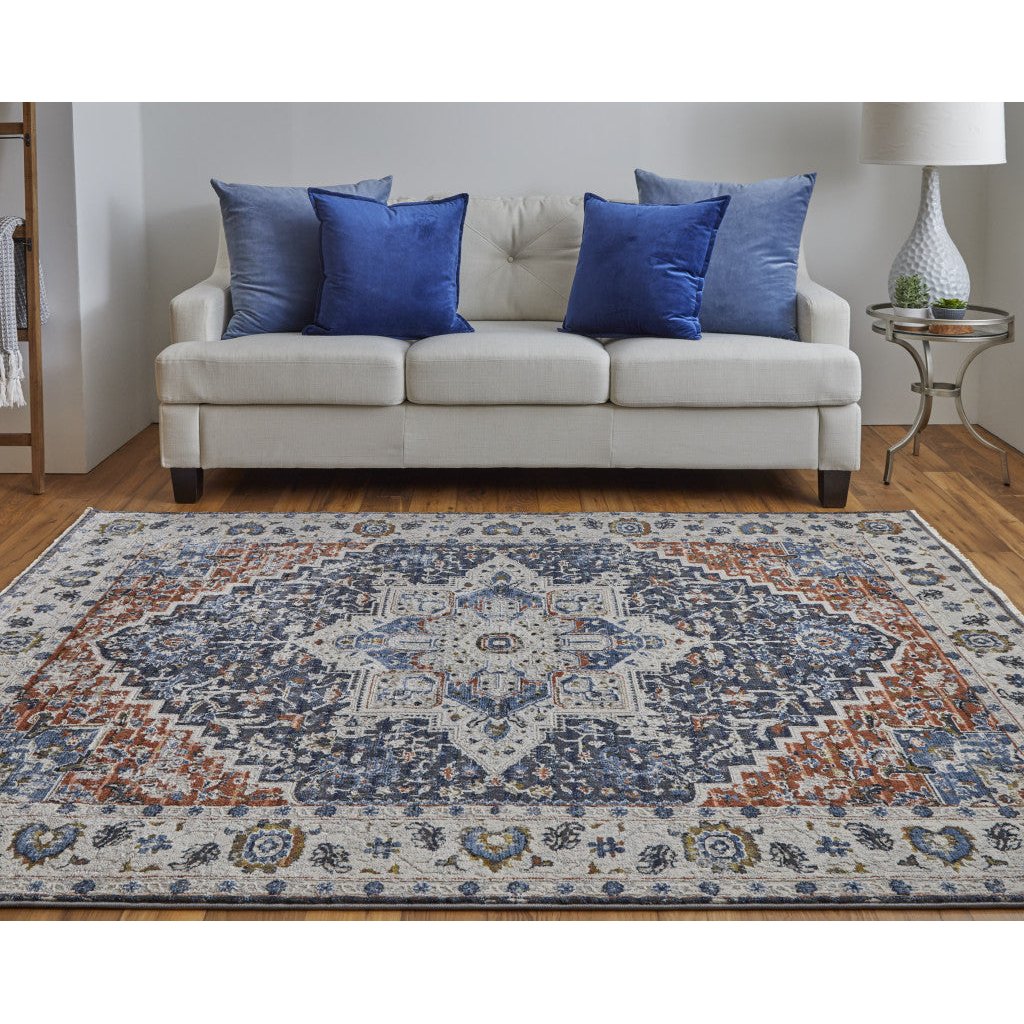 5 X 8 Ivory Blue And Red Floral Power Loom Area Rug With Fringe Image 12