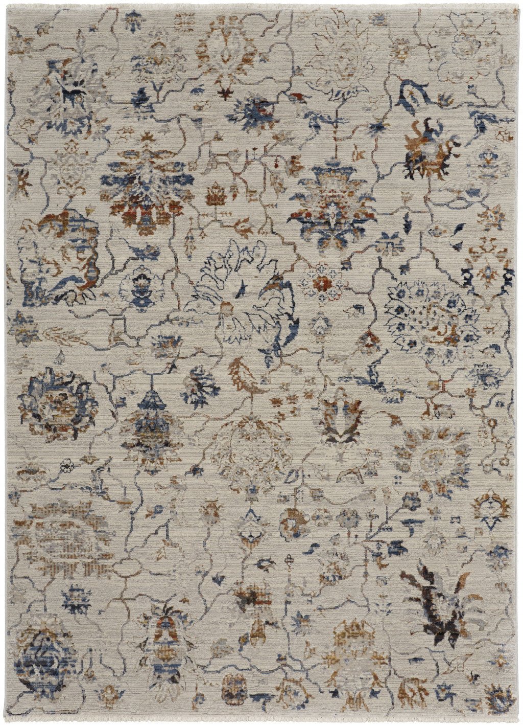 8 X 10 Ivory Orange And Blue Floral Power Loom Distressed Area Rug With Fringe Image 6