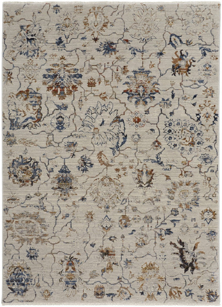 8 X 10 Ivory Orange And Blue Floral Power Loom Distressed Area Rug With Fringe Image 6