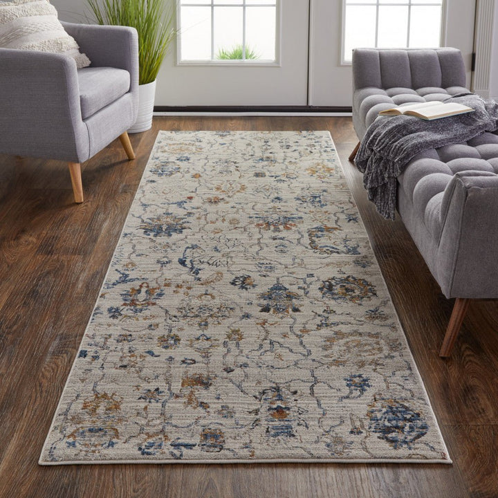 8 X 10 Ivory Orange And Blue Floral Power Loom Distressed Area Rug With Fringe Image 10