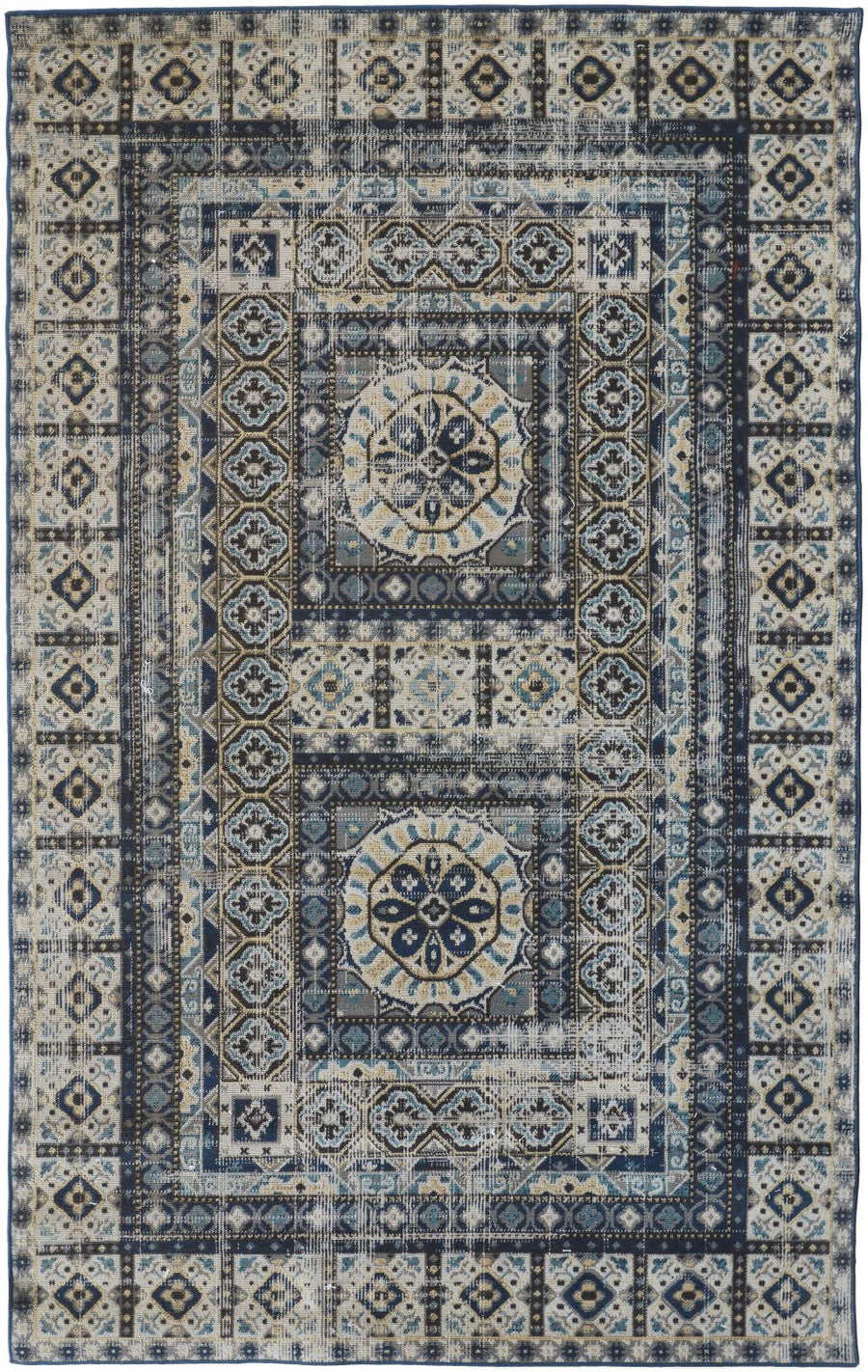 5 X 8 Ivory Tan And Blue Abstract Power Loom Distressed Stain Resistant Area Rug Image 1