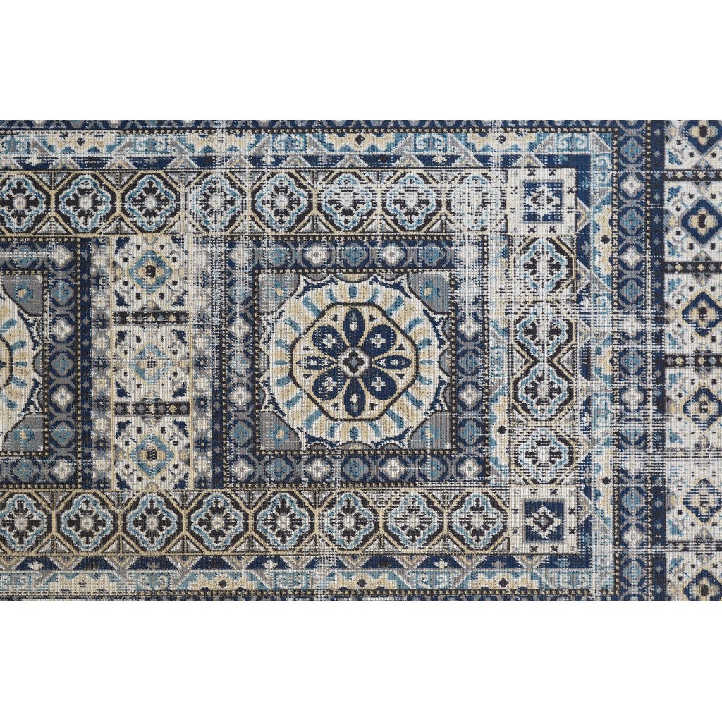 5 X 8 Ivory Tan And Blue Abstract Power Loom Distressed Stain Resistant Area Rug Image 10