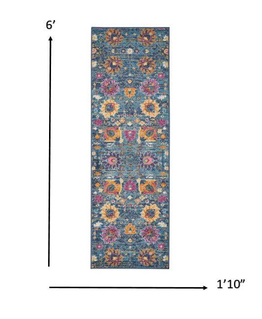 6 Blue And Orange Floral Power Loom Runner Rug Image 2