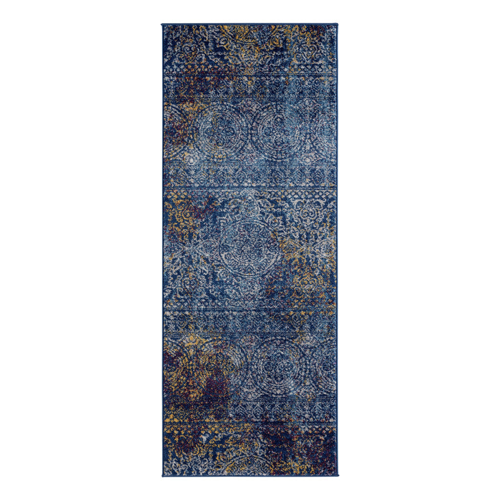 6 Blue and Yellow Southwestern Power Loom Runner Rug Image 1