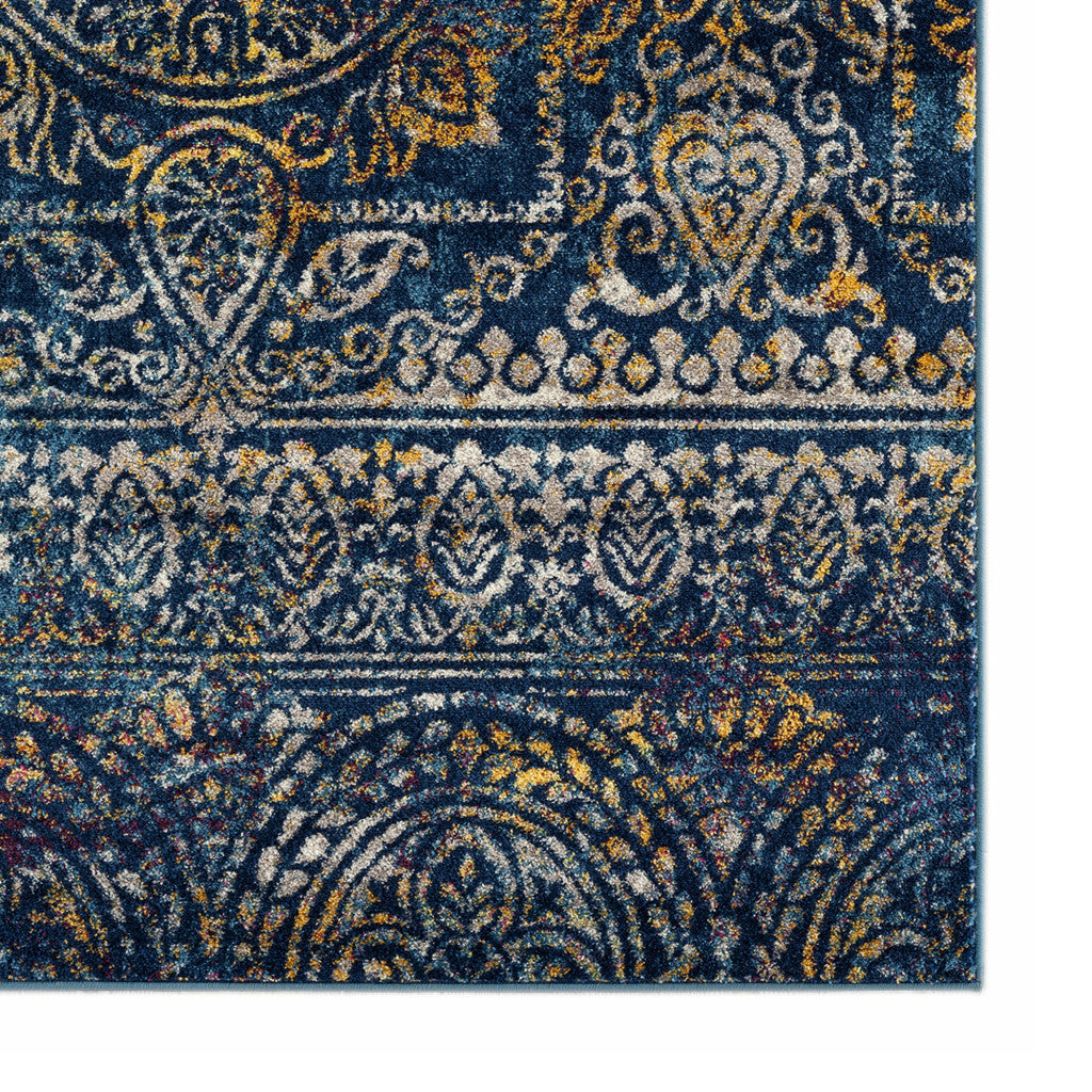 6 Blue and Yellow Southwestern Power Loom Runner Rug Image 10