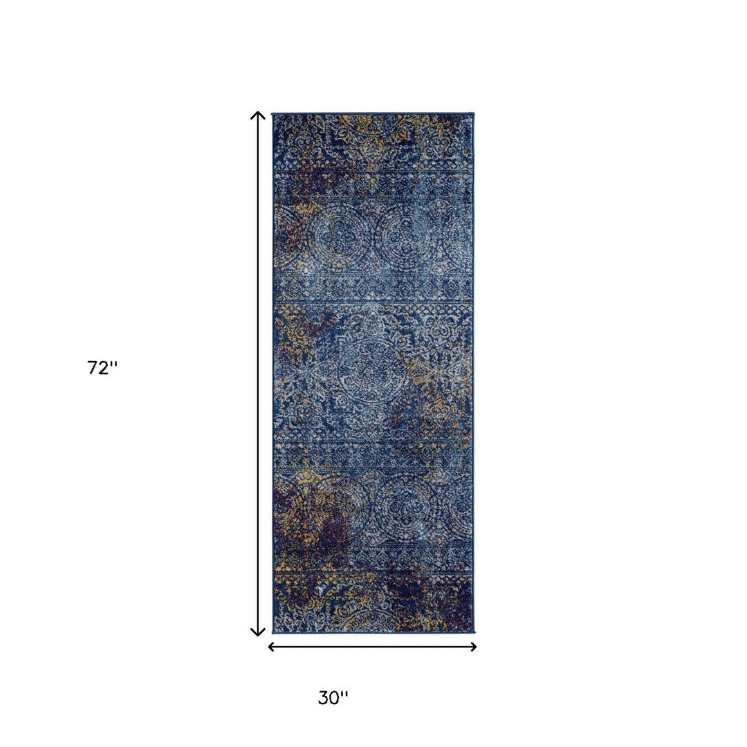 6 Blue and Yellow Southwestern Power Loom Runner Rug Image 12