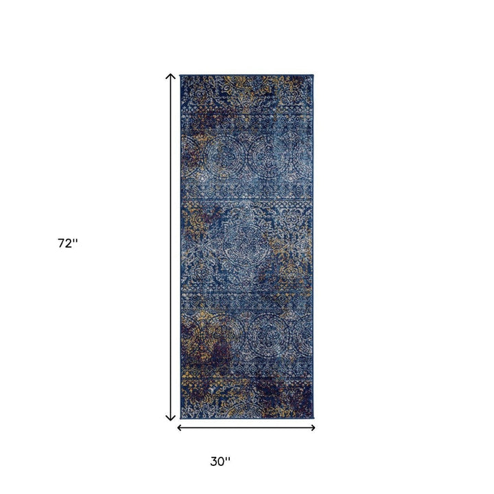 6 Blue and Yellow Southwestern Power Loom Runner Rug Image 12