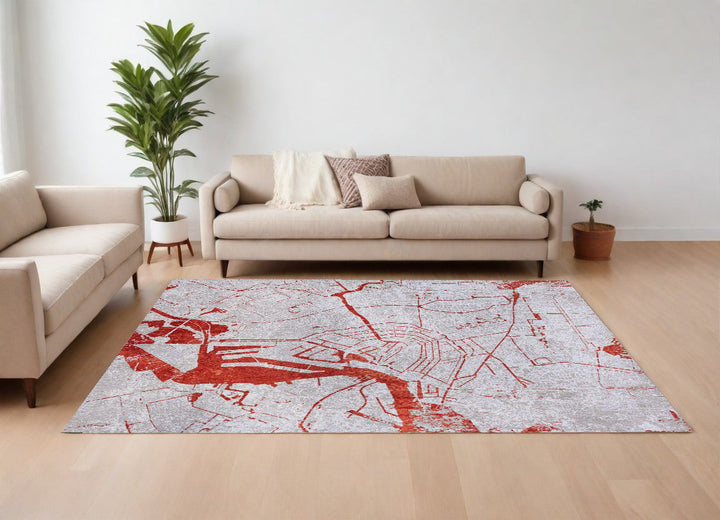 6 X 8 Red and White Abstract Non Skid Area Rug Image 1