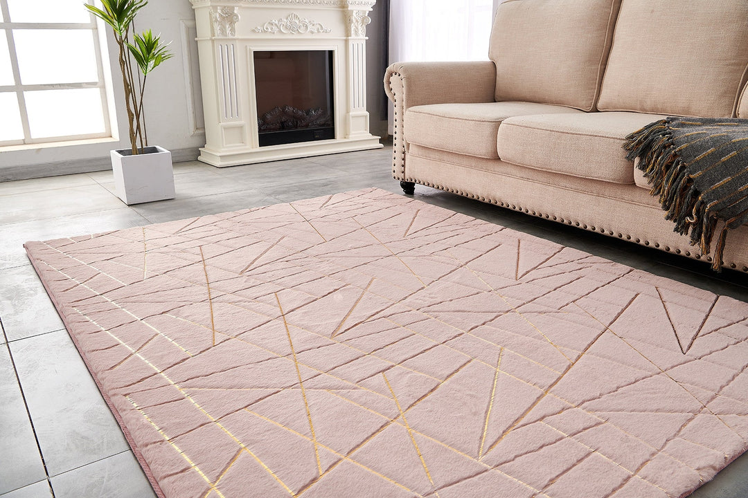 6 x 9 Pink and Gold Faux faux Abstract Shag Non Skid Area Rug Image 4