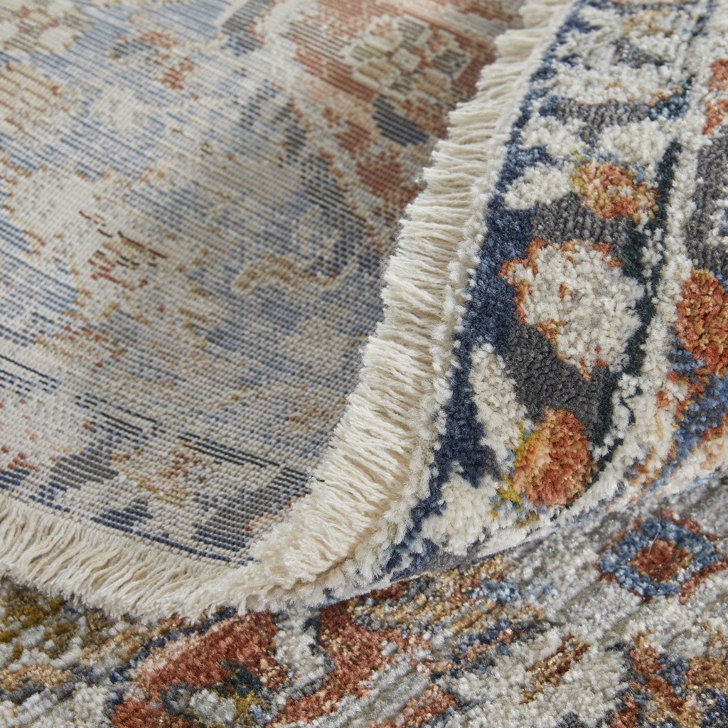 5 X 8 Orange Ivory And Blue Floral Power Loom Area Rug With Fringe Image 3