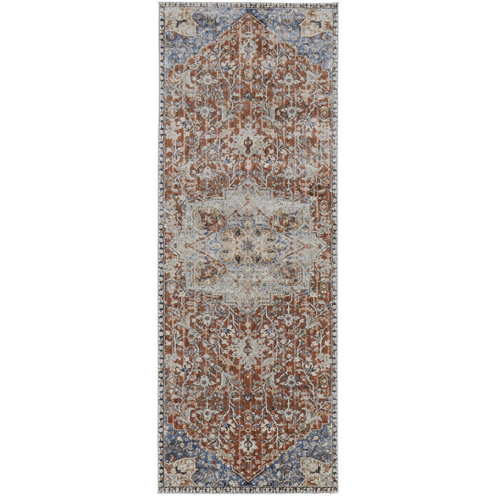 5 X 8 Orange Ivory And Blue Floral Power Loom Area Rug With Fringe Image 6