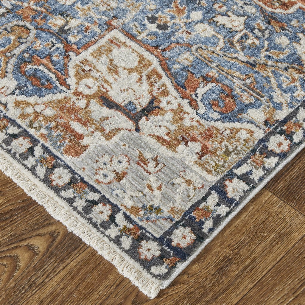 5 X 8 Orange Ivory And Blue Floral Power Loom Area Rug With Fringe Image 9