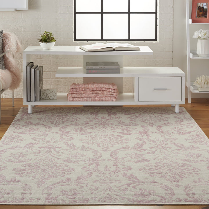 6 x 9 Beige and Pink Floral Power Loom Non Skid Area Rug Image 5