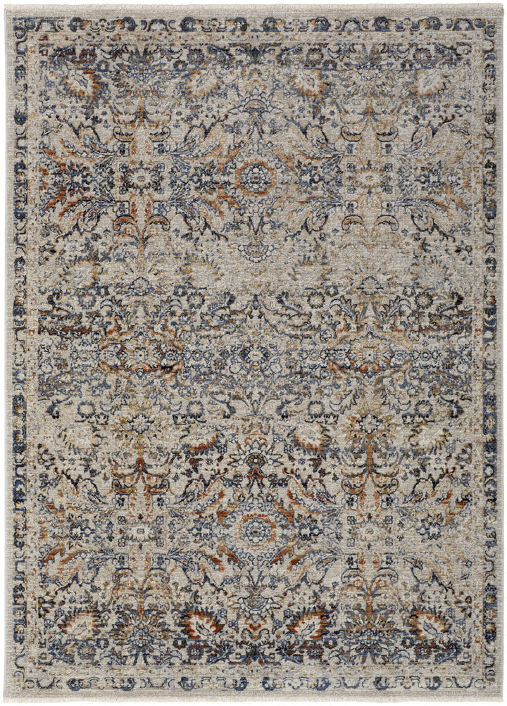 5 X 8 Tan Blue And Orange Floral Power Loom Distressed Area Rug With Fringe Image 1