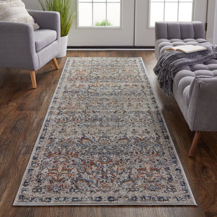 5 X 8 Tan Blue And Orange Floral Power Loom Distressed Area Rug With Fringe Image 2