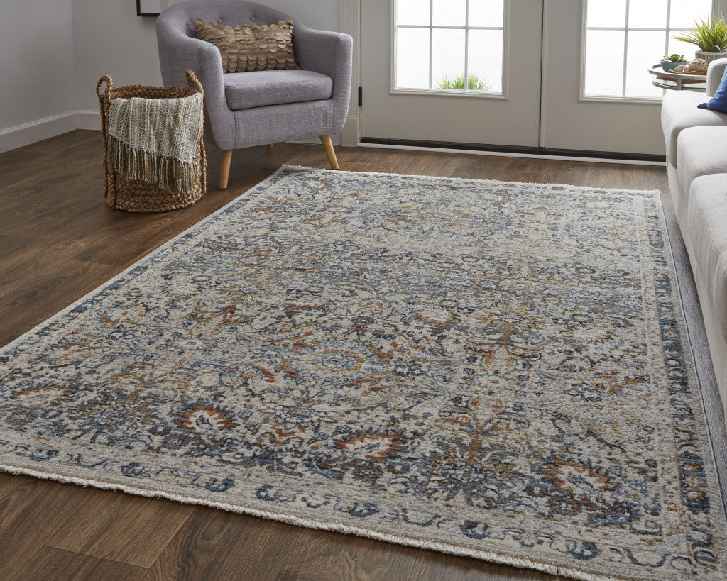 5 X 8 Tan Blue And Orange Floral Power Loom Distressed Area Rug With Fringe Image 6