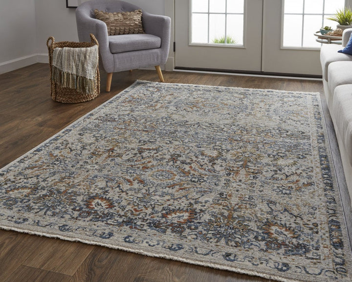 5 X 8 Tan Blue And Orange Floral Power Loom Distressed Area Rug With Fringe Image 1