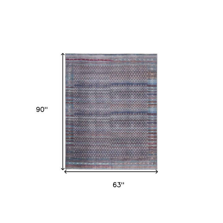 5 X 8 Tan Blue And Pink Striped Power Loom Area Rug Image 1